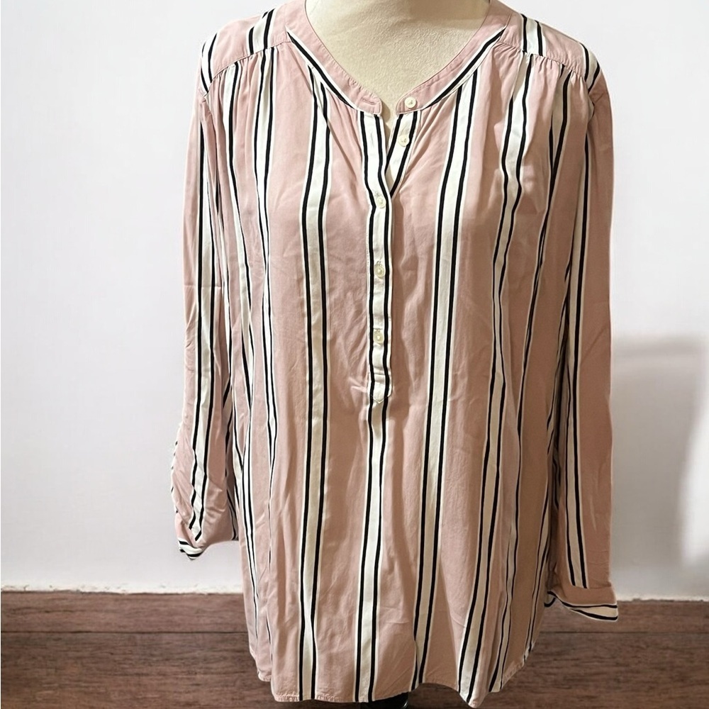 LOFT Pink and Black V-Neck Blouse